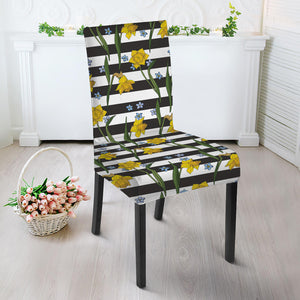 Yellow Daffodil Striped Pattern Print Dining Chair Slipcover