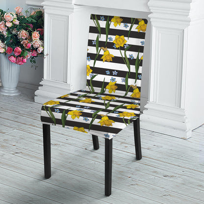 Yellow Daffodil Striped Pattern Print Dining Chair Slipcover
