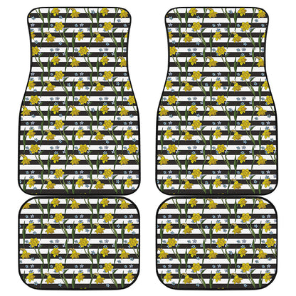 Yellow Daffodil Striped Pattern Print Front and Back Car Floor Mats