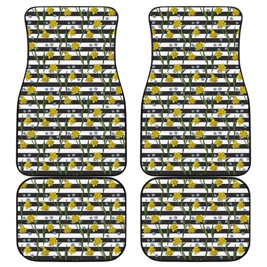 Yellow Daffodil Striped Pattern Print Front and Back Car Floor Mats