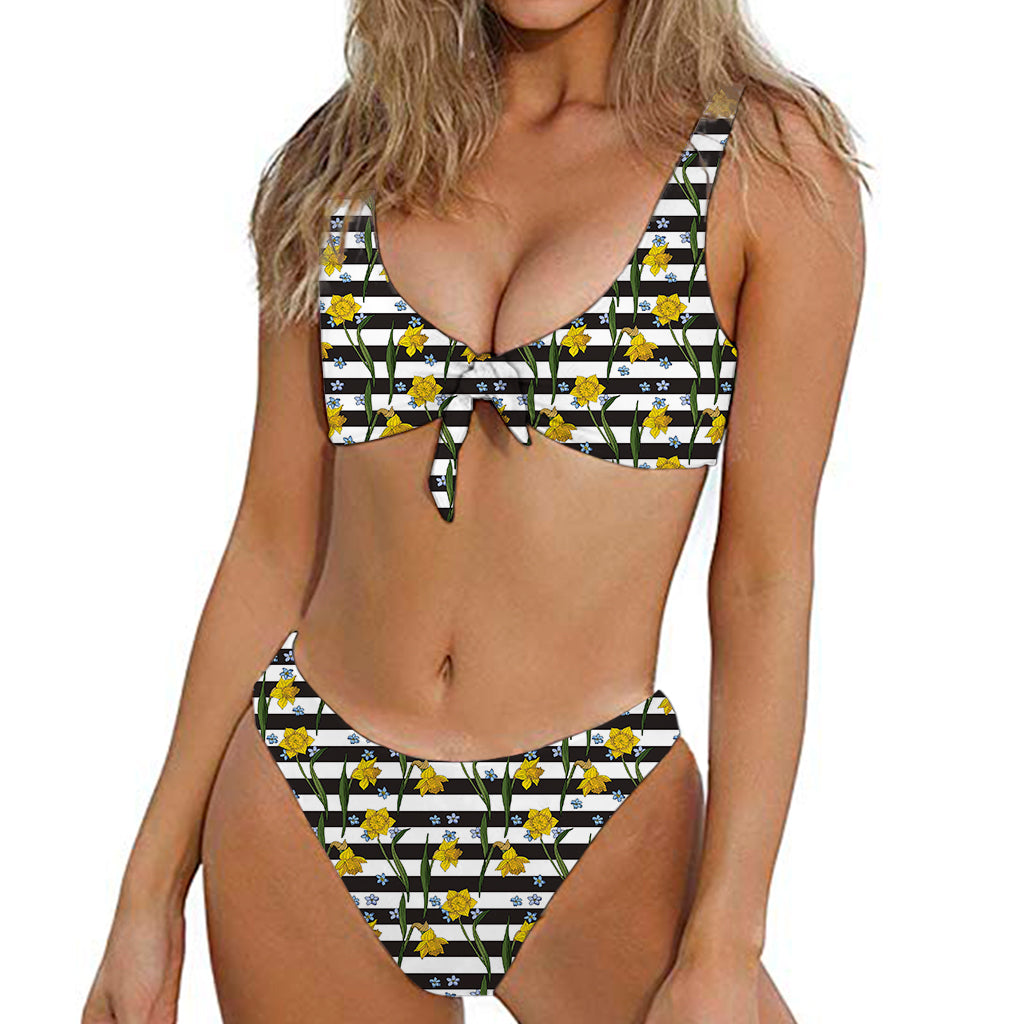 Yellow Daffodil Striped Pattern Print Front Bow Tie Bikini