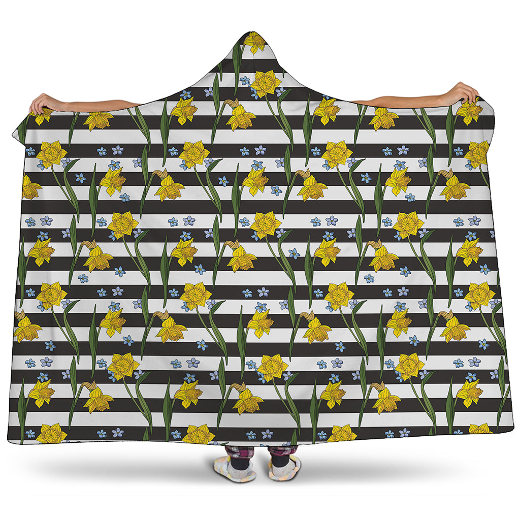 Yellow Daffodil Striped Pattern Print Hooded Blanket
