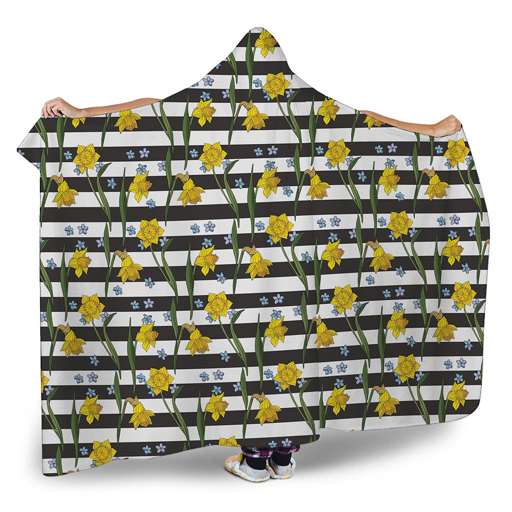 Yellow Daffodil Striped Pattern Print Hooded Blanket