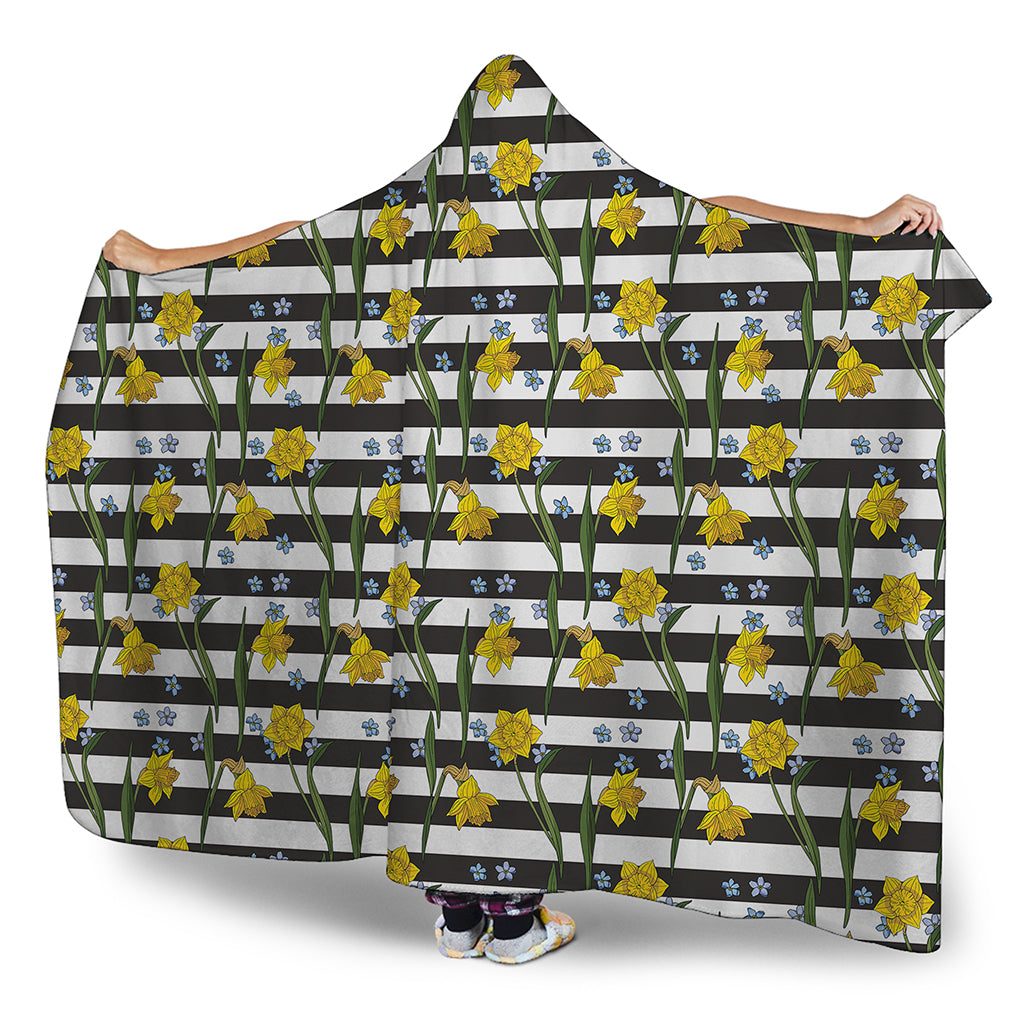 Yellow Daffodil Striped Pattern Print Hooded Blanket