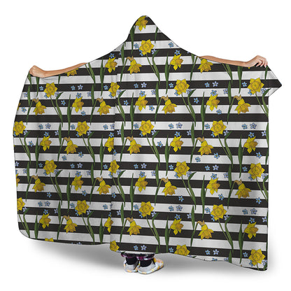 Yellow Daffodil Striped Pattern Print Hooded Blanket