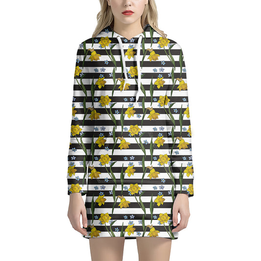 Yellow Daffodil Striped Pattern Print Hoodie Dress