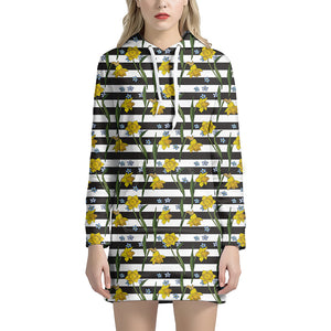 Yellow Daffodil Striped Pattern Print Hoodie Dress
