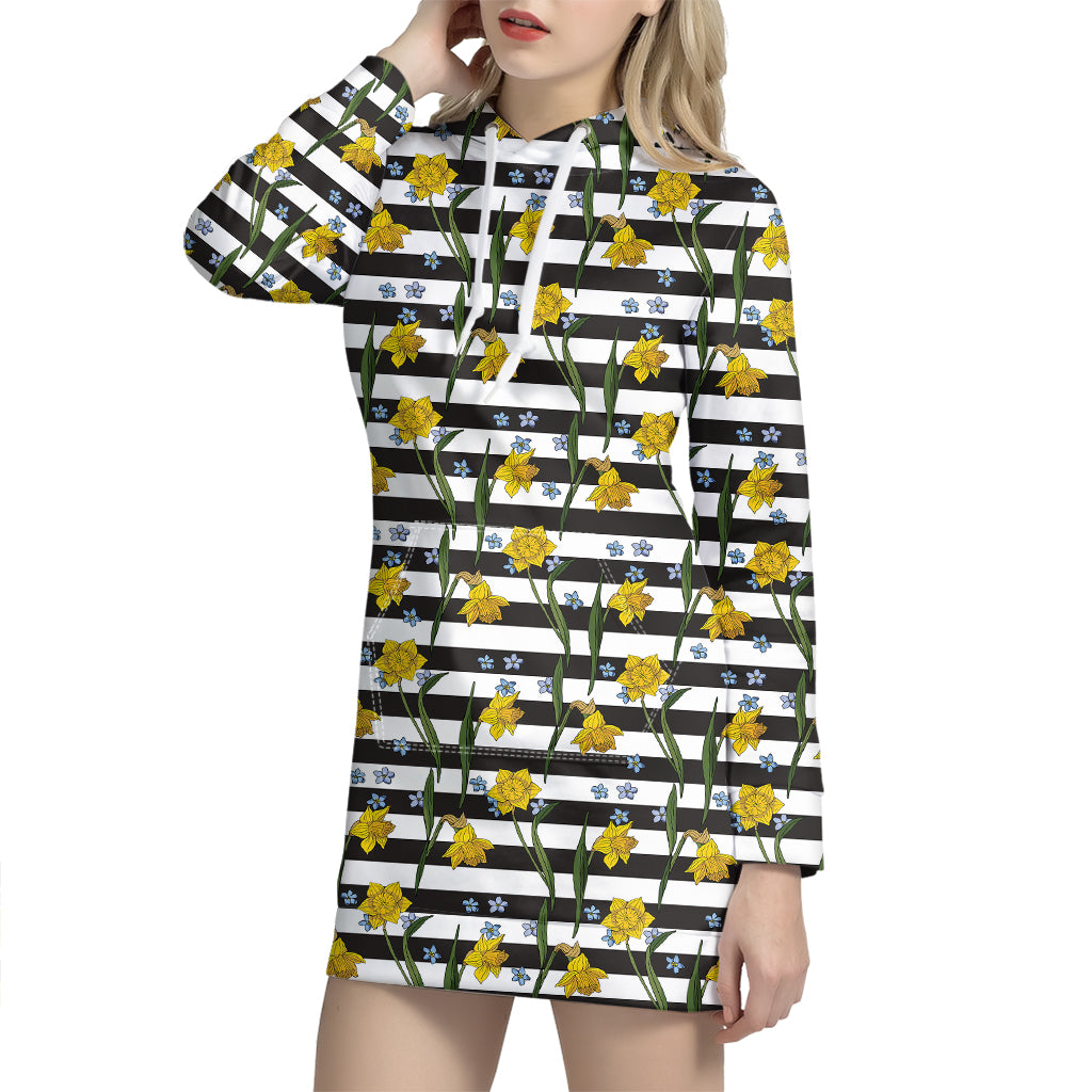 Yellow Daffodil Striped Pattern Print Hoodie Dress