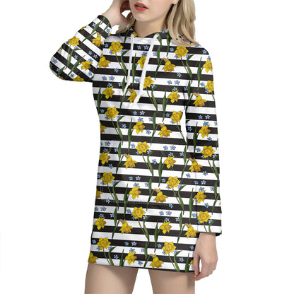 Yellow Daffodil Striped Pattern Print Hoodie Dress
