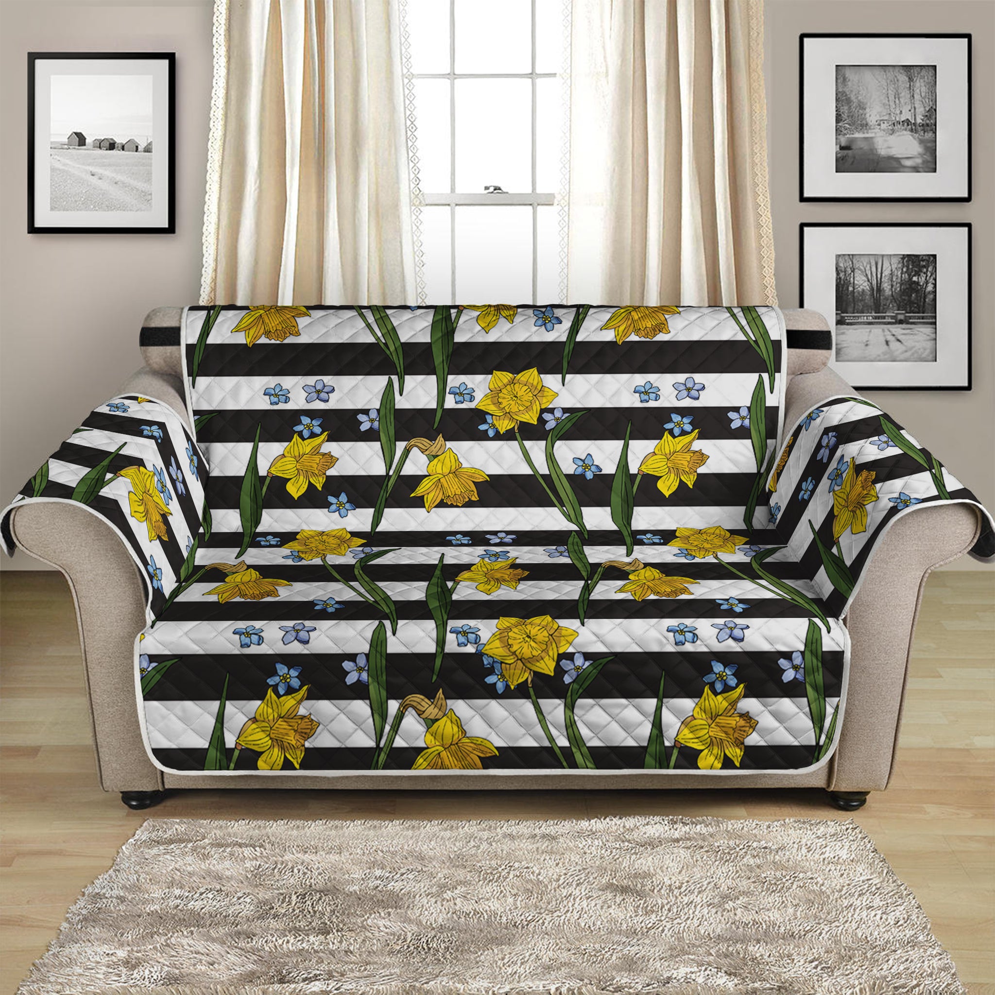 Yellow Daffodil Striped Pattern Print Loveseat Protector
