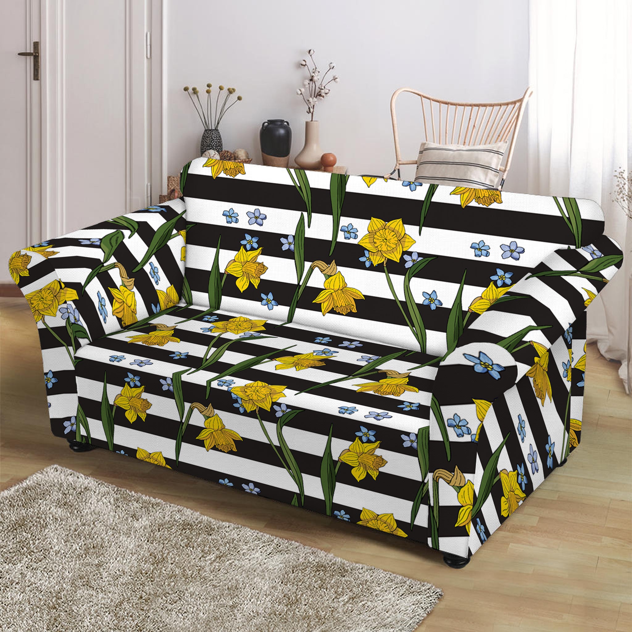 Yellow Daffodil Striped Pattern Print Loveseat Slipcover