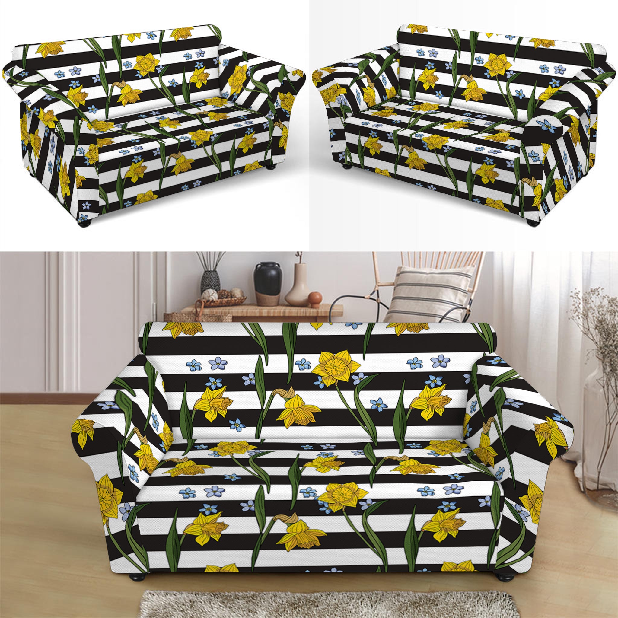 Yellow Daffodil Striped Pattern Print Loveseat Slipcover