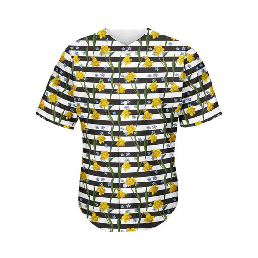 Yellow Daffodil Striped Pattern Print Men's Baseball Jersey
