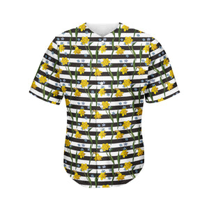Yellow Daffodil Striped Pattern Print Men's Baseball Jersey