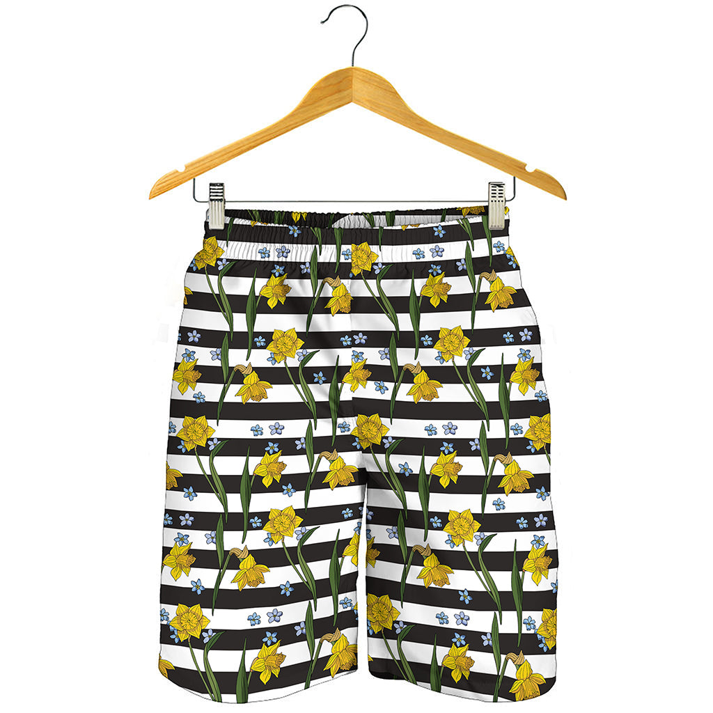 Yellow Daffodil Striped Pattern Print Men's Shorts