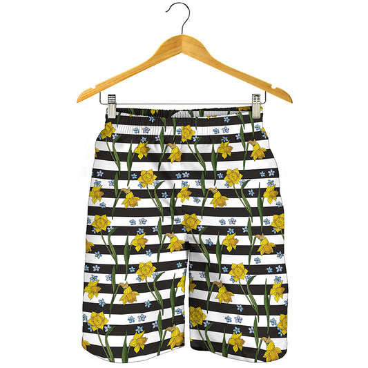 Yellow Daffodil Striped Pattern Print Men's Shorts