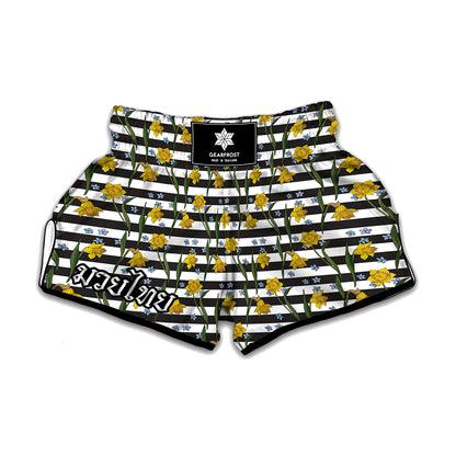 Yellow Daffodil Striped Pattern Print Muay Thai Boxing Shorts