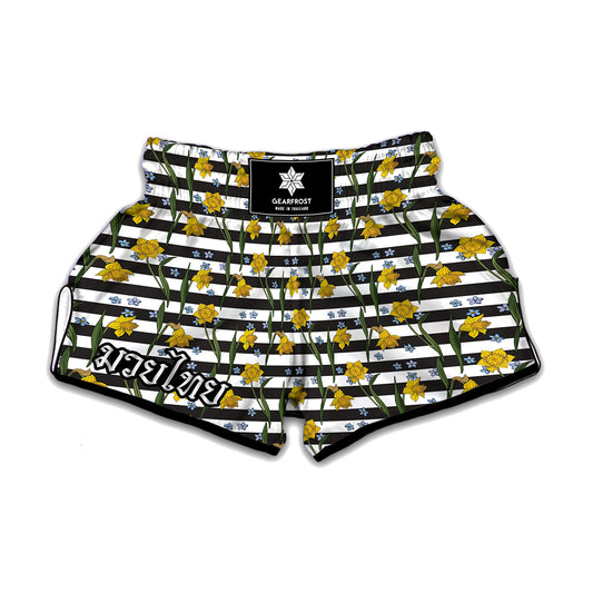 Yellow Daffodil Striped Pattern Print Muay Thai Boxing Shorts