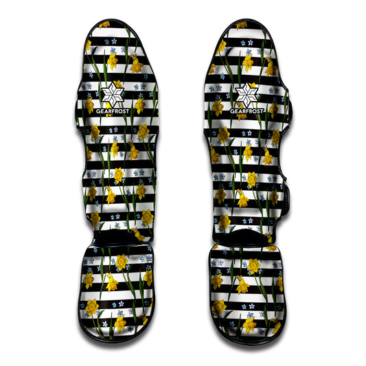 Yellow Daffodil Striped Pattern Print Muay Thai Shin Guard