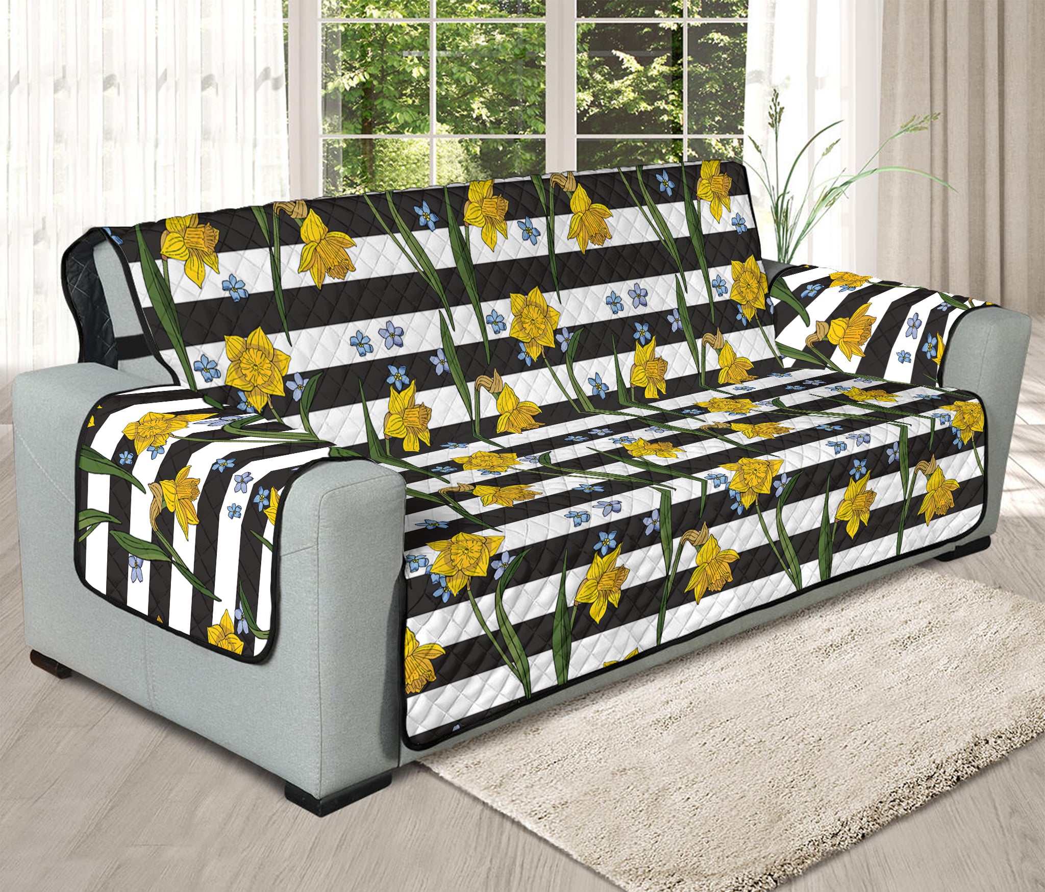 Yellow Daffodil Striped Pattern Print Oversized Sofa Protector