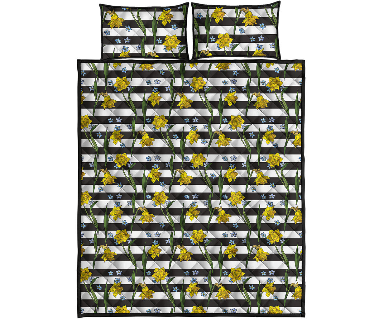 Yellow Daffodil Striped Pattern Print Quilt Bed Set