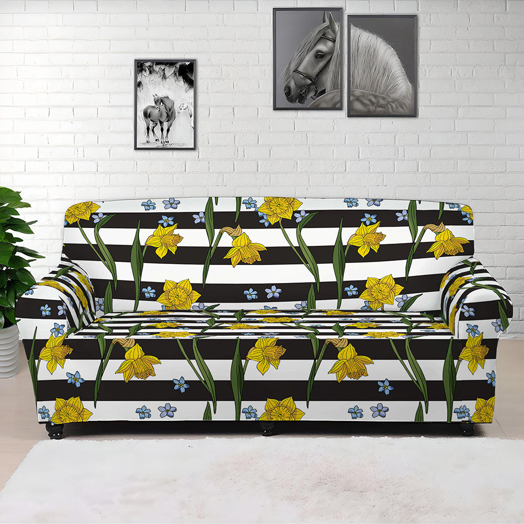 Yellow Daffodil Striped Pattern Print Sofa Cover