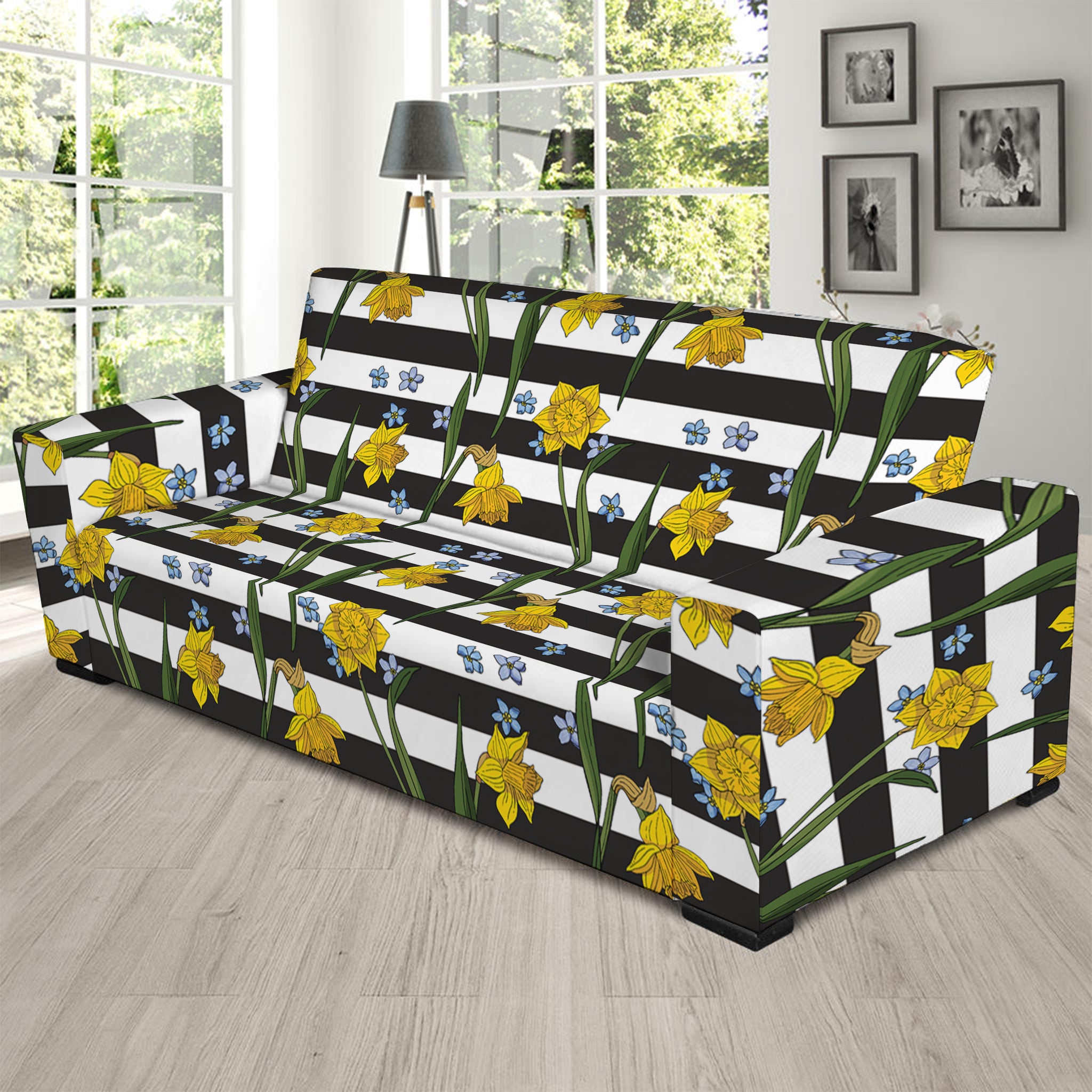 Yellow Daffodil Striped Pattern Print Sofa Slipcover
