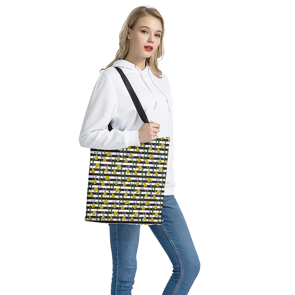 Yellow Daffodil Striped Pattern Print Tote Bag