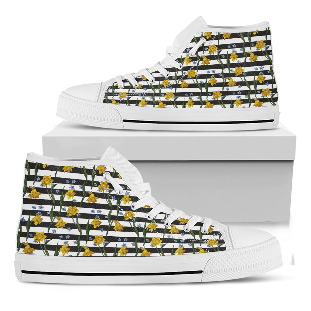 Yellow Daffodil Striped Pattern Print White High Top Shoes