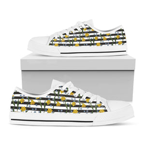 Yellow Daffodil Striped Pattern Print White Low Top Shoes