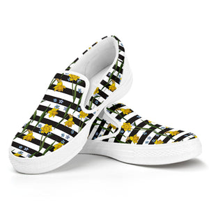 Yellow Daffodil Striped Pattern Print White Slip On Shoes