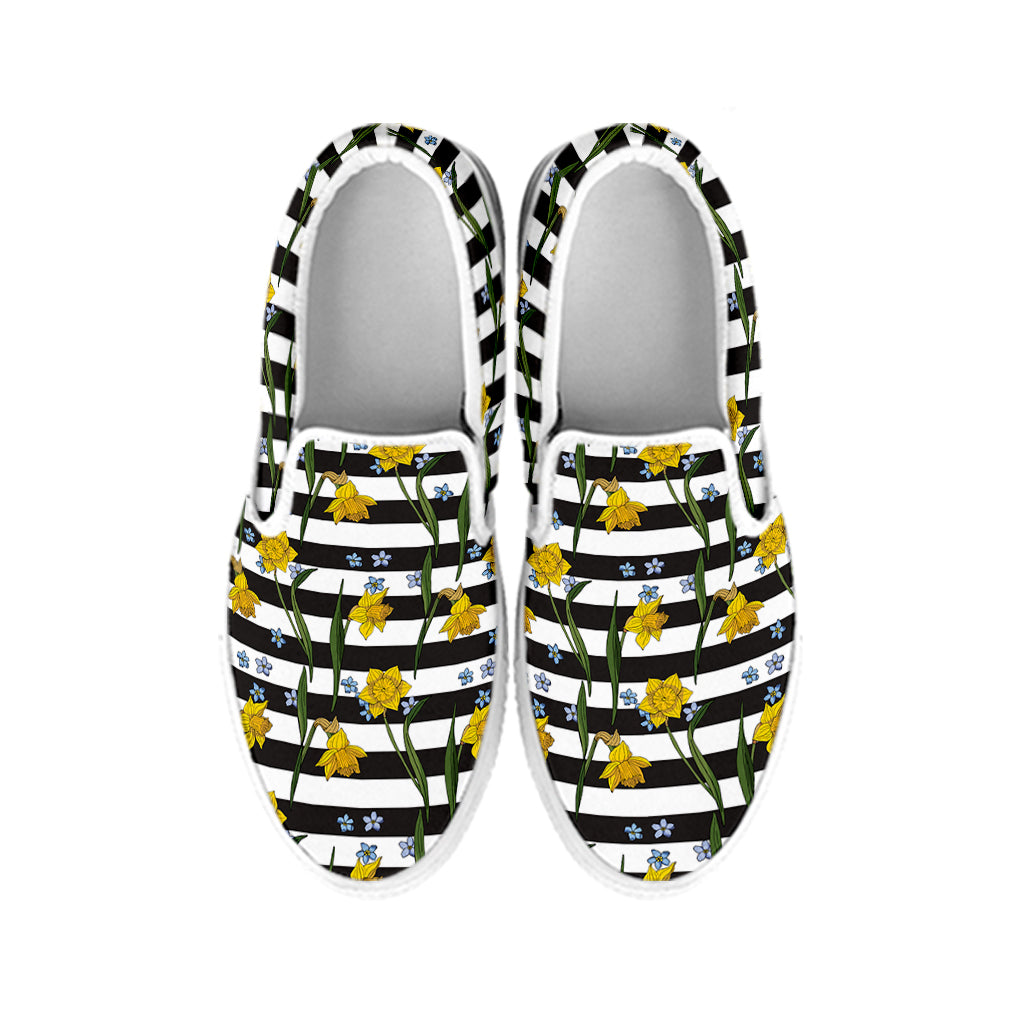 Yellow Daffodil Striped Pattern Print White Slip On Shoes