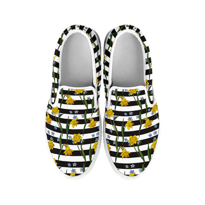 Yellow Daffodil Striped Pattern Print White Slip On Shoes