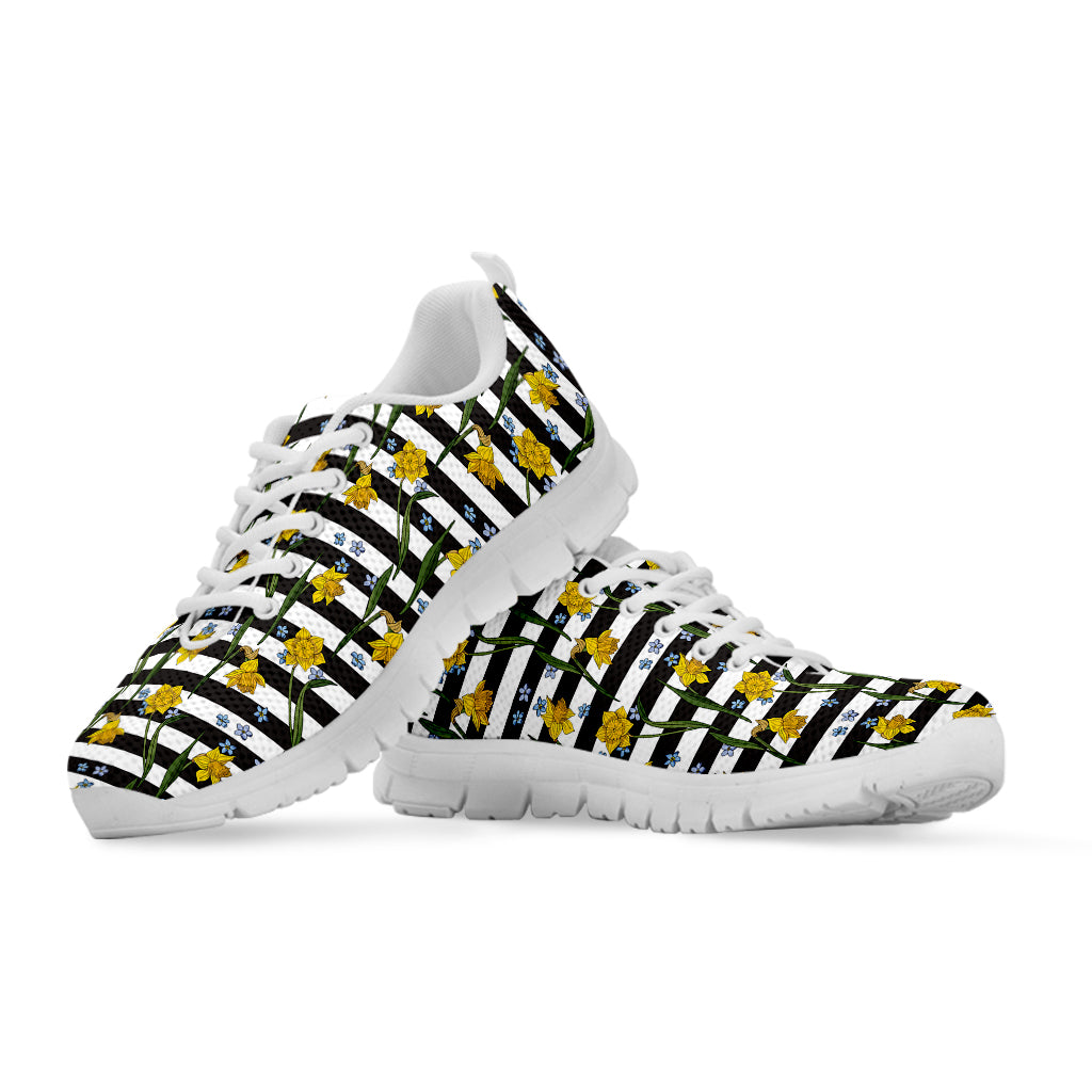 Yellow Daffodil Striped Pattern Print White Sneakers