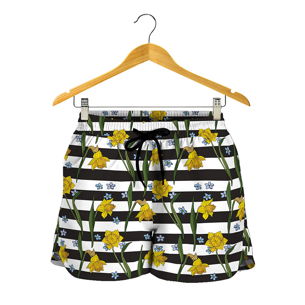 Yellow Daffodil Striped Pattern Print Women's Shorts