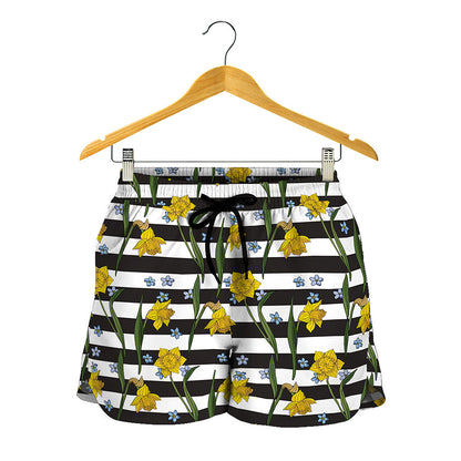 Yellow Daffodil Striped Pattern Print Women's Shorts