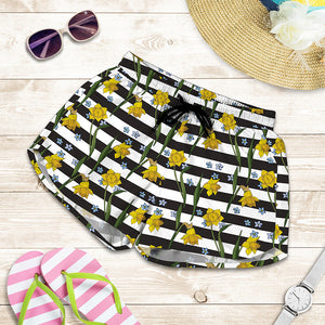 Yellow Daffodil Striped Pattern Print Women's Shorts