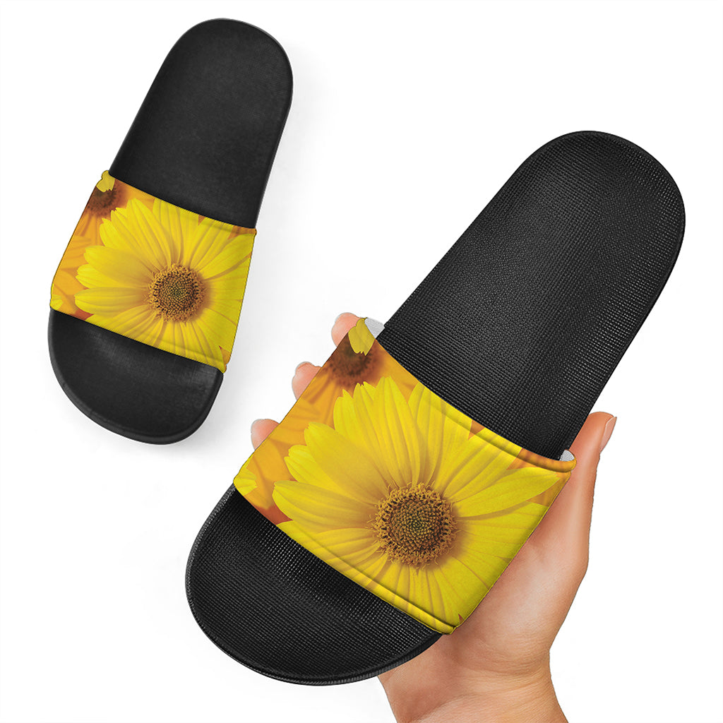 Yellow Daisy Flower Print Black Slide Sandals