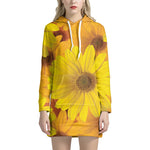 Yellow Daisy Flower Print Hoodie Dress