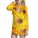 Yellow Daisy Flower Print Hoodie Dress