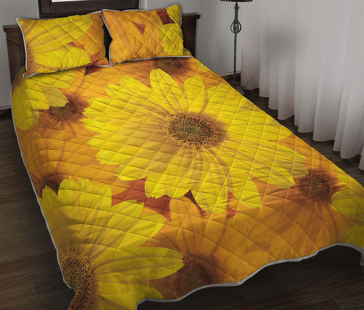 Yellow Daisy Flower Print Quilt Bed Set