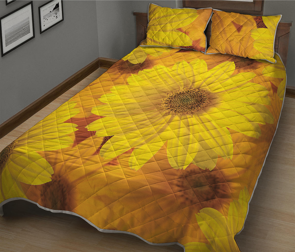 Yellow Daisy Flower Print Quilt Bed Set