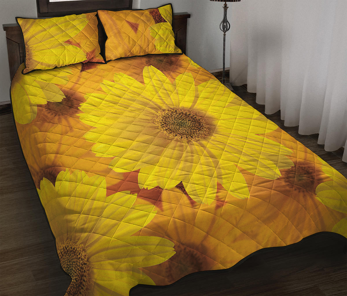 Yellow Daisy Flower Print Quilt Bed Set