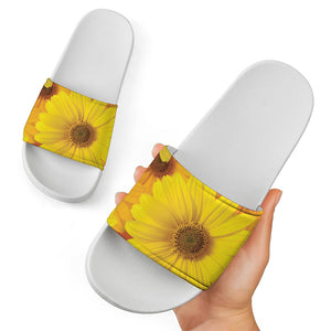 Yellow Daisy Flower Print White Slide Sandals
