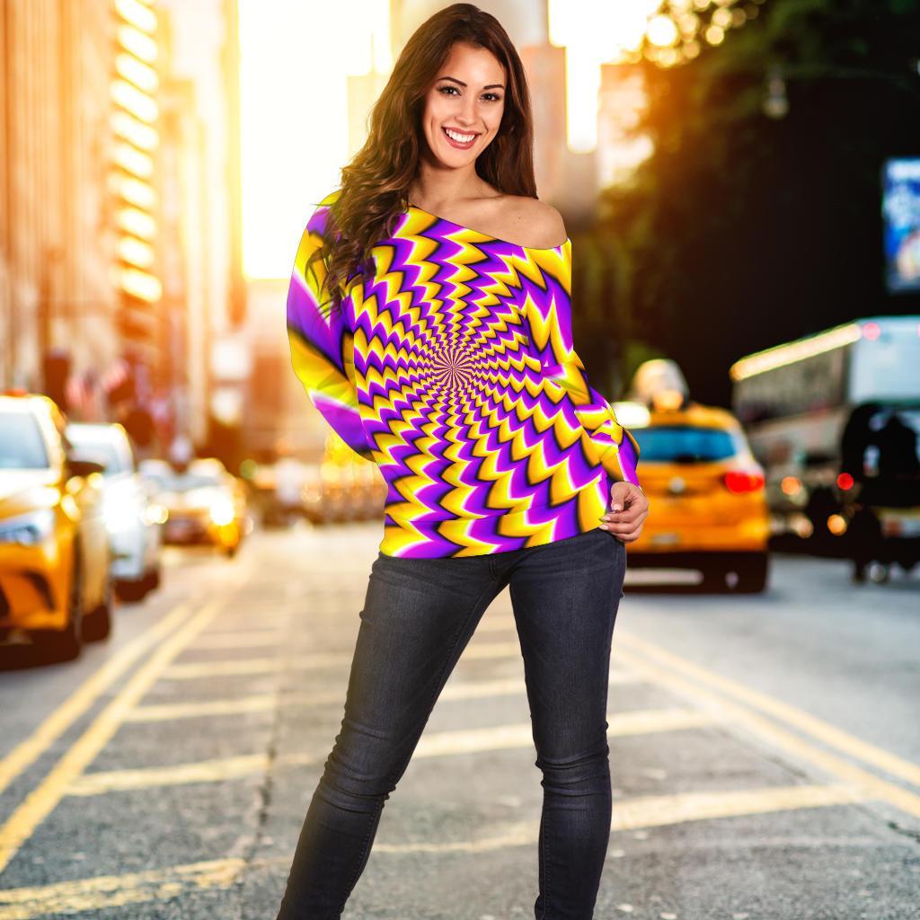 Yellow Dizzy Moving Optical Illusion Off Shoulder Sweatshirt GearFrost