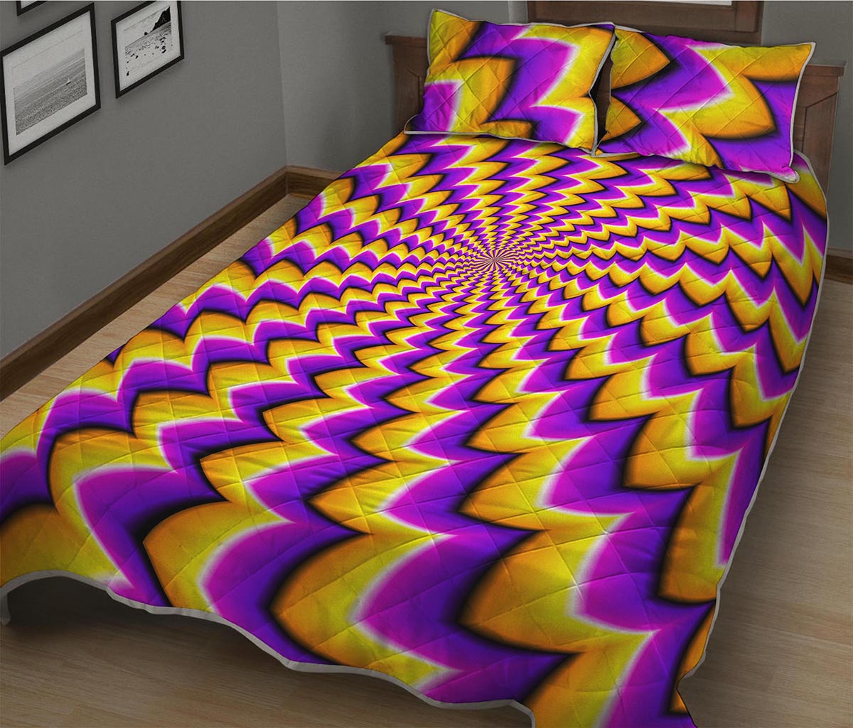 Yellow Dizzy Moving Optical Illusion Quilt Bed Set