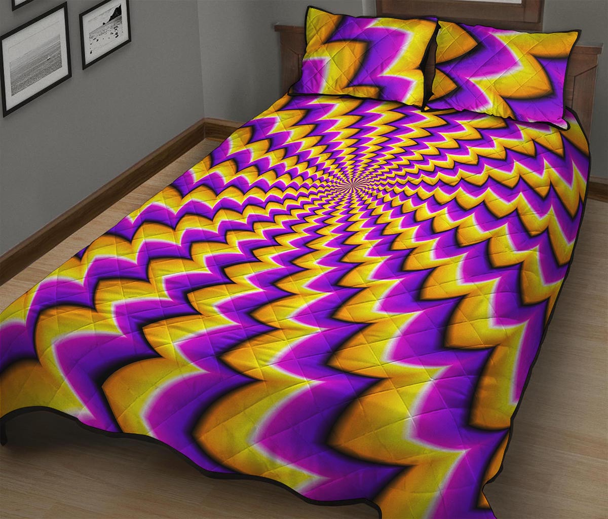 Yellow Dizzy Moving Optical Illusion Quilt Bed Set