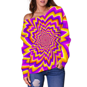 Yellow Expansion Moving Optical Illusion Off Shoulder Sweatshirt GearFrost