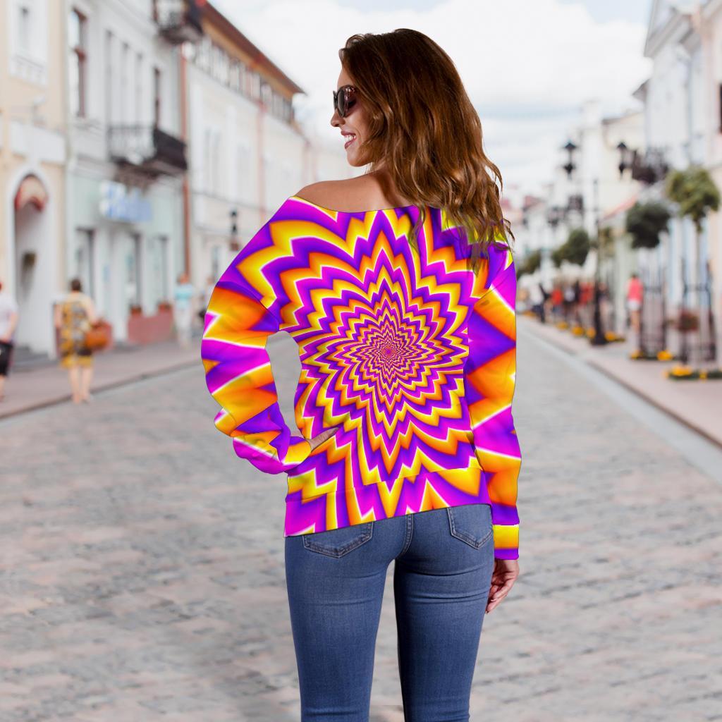 Yellow Expansion Moving Optical Illusion Off Shoulder Sweatshirt GearFrost