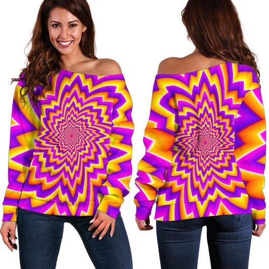 Yellow Expansion Moving Optical Illusion Off Shoulder Sweatshirt GearFrost